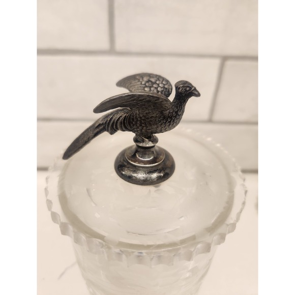 Antique Cut Diamond Floral Etch Glass Pickle Marmalade Jar w/ Pheasant Finial - Picture 2 of 11